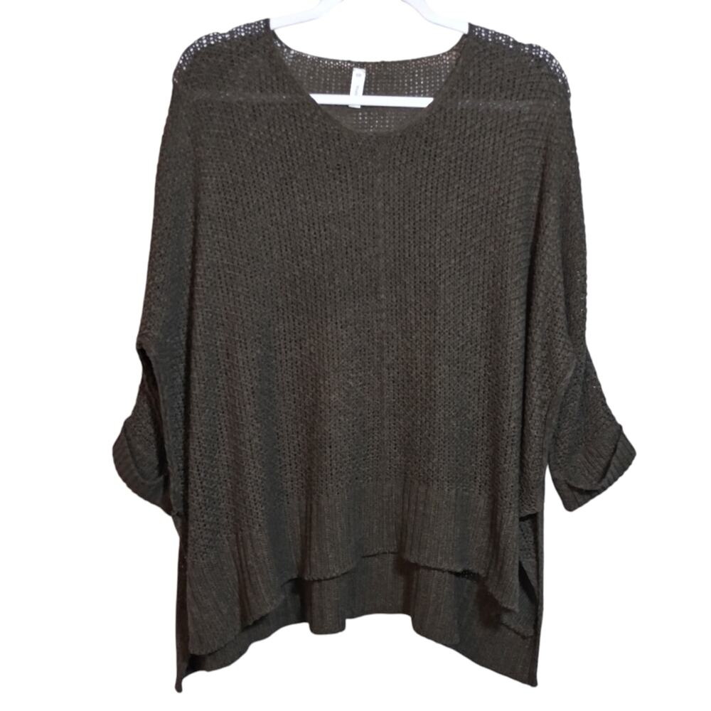 Wishlist Oversized Crochet Open Knit V-Neck Sweater in Olive Casual Relaxed S/M